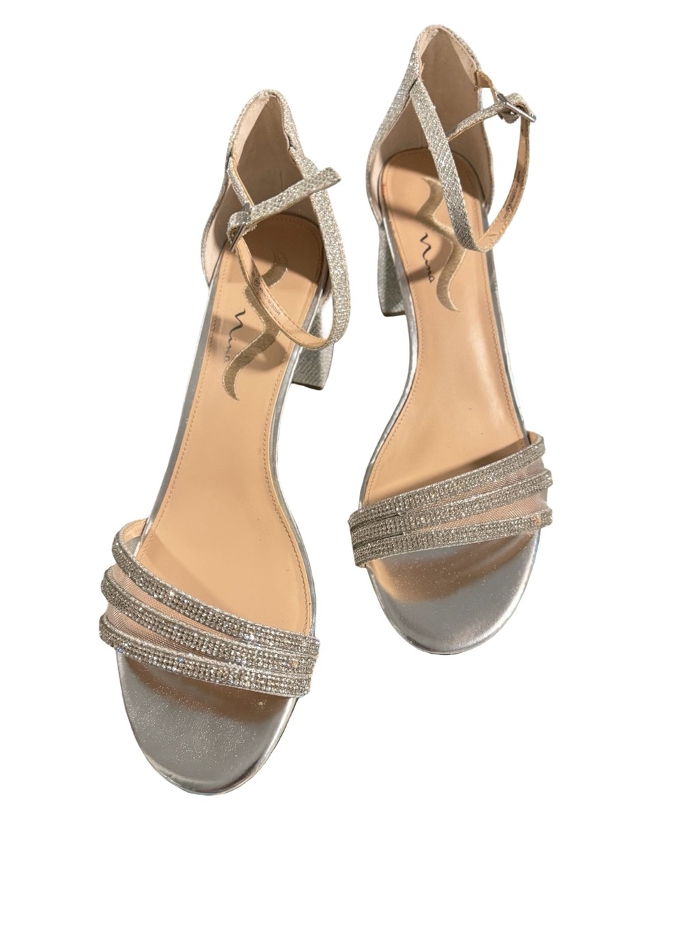 Nina Women's Sparkly Chunky High Heels Size US 11W Silver Ankle Strap Cute Block